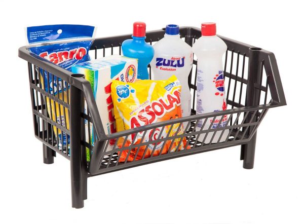 CESTO PLÁSTICO EMPILHÁVEL MÉDIO PRETO- KIT COM 12