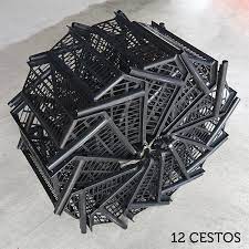 CESTO PLÁSTICO EMPILHÁVEL MÉDIO PRETO- KIT COM 12